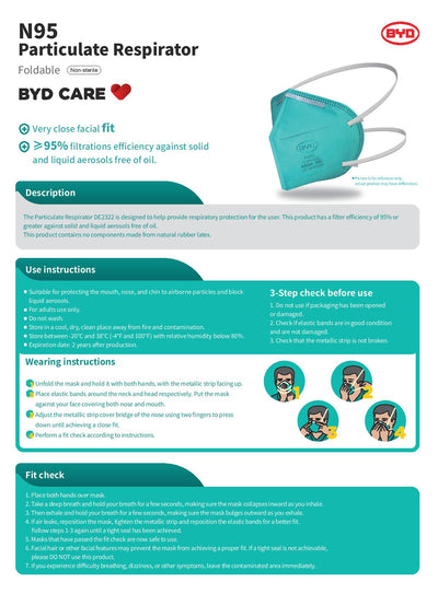 BYD Folding Style N95 NIOSH / CDC  - Box of 20 or Cartons | SteriPro Canada PPE Store.